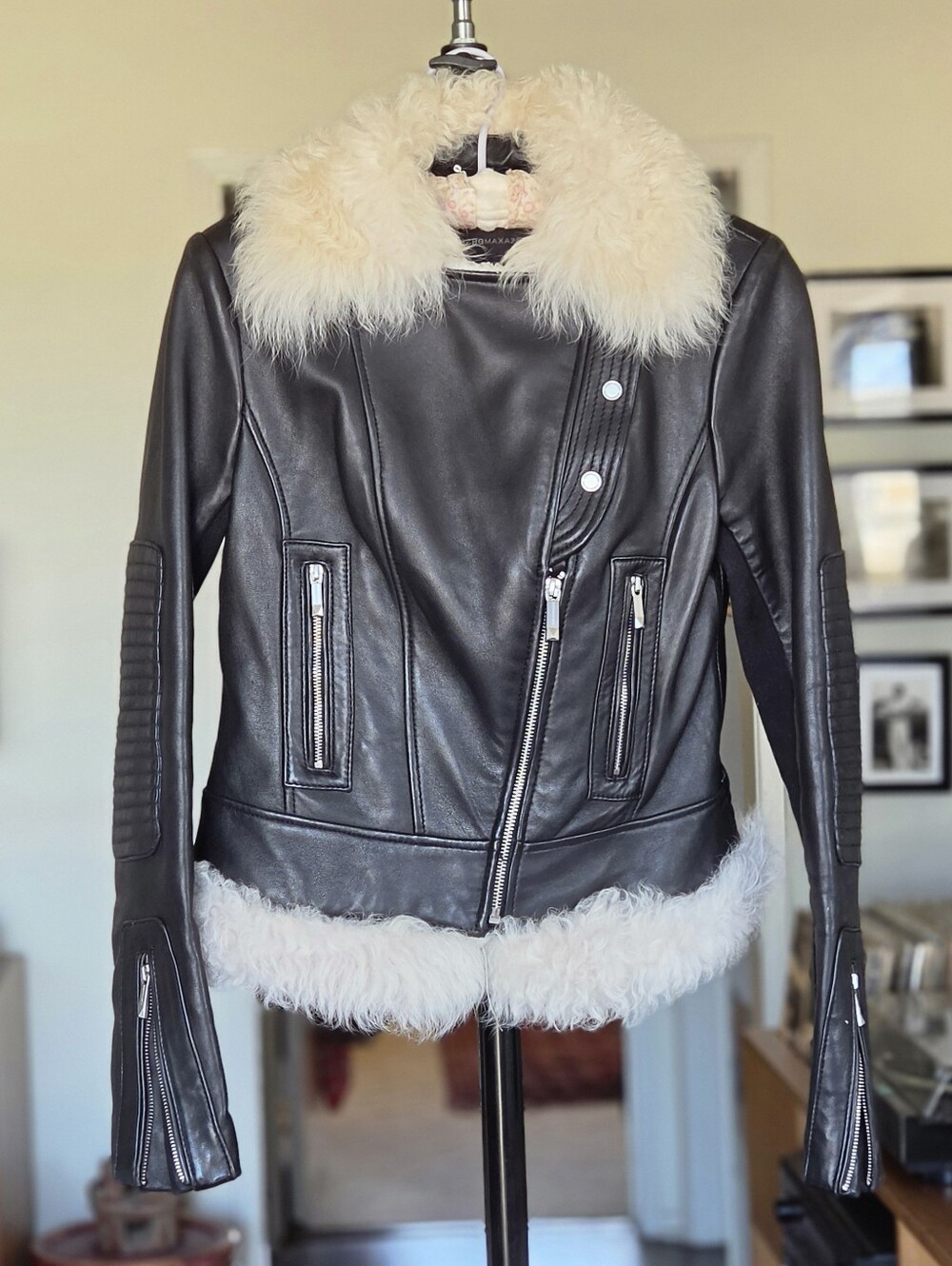 BCBGMaxAzria Lambskin Leather Shearling Moto Jacket with Real Fur Trim